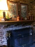 Hunt scene framed art; fireplace tools and screen