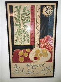 Artist: HENRI MATISSE (1869-1954) Size: 24 3/4 x 39 in./62.8 x 99 cm Imp. Mourlot, Paris Created created the same year as this poster, Matisse's Still Life with Pomegranates is transformed here to promote Nice, the town of work and joy.