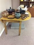  Dropleaf farmhouse table, assorted pottery