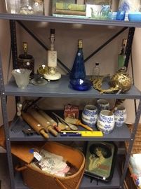 Antique working lamps, rolling pins, canisters 