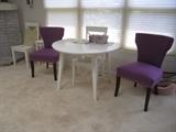 PAIR OF PURPLE CHAIRS TABLE AND PAIR OF WHITE CHAIRS