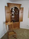 CORNER CABINET AND ANTIQUE ROCKER