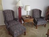 PAIR OF CHAIRS WITH ONE OTTOMAN END TABLE AND LAMPS