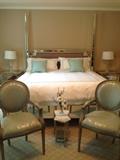 Mirrored Bed in King Size from Safavieh, with Coordinating Side Stands , Pair of French Chairs-Parc Monceau, Linens House of Europe Duvet and Shams