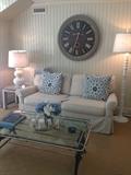 Crate and Barrel Queen Sleeper Sofa, Pair of White Lacquer Lamps -Dovecoat Westport, Bone Side Table and Restoration Clock