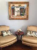 Pair Sherrill French Slipper Chairs, Petite Theodore Alexander Stand and Art