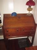 Antique drop front desk, oil lamp