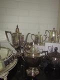 Tea pot, coffee pot, silver plate serving pieces