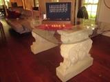Glass top table, architectural base 