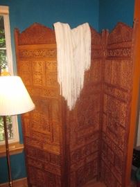 Teak screen,  antique silk shawl