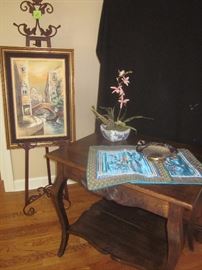 Antique oak table, Easel ,art