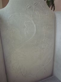 Wing back chair, Sculpted fabric, powder blue/gray. 