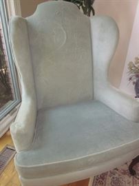 Wing back chair, Sculpted fabric, powder blue/gray.  Drexel Heritage