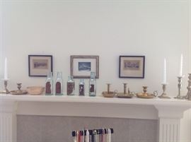 antique bottles,brass candlesticks and more prints