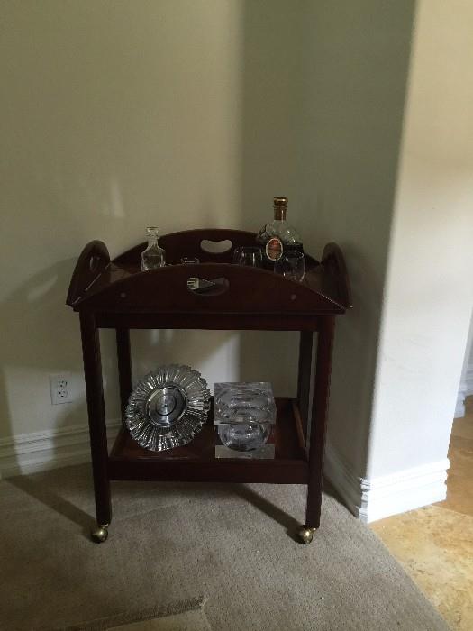 Bombay Company Tea table with wheels. removable top tray.  Easy fit in any corner