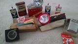 VINTAGE ADVERTISING TINS...SUNOCO, FOMOCO, SINGER AND VINTAGE BICYCLE LIGHT W/ ORIGINAL BOX