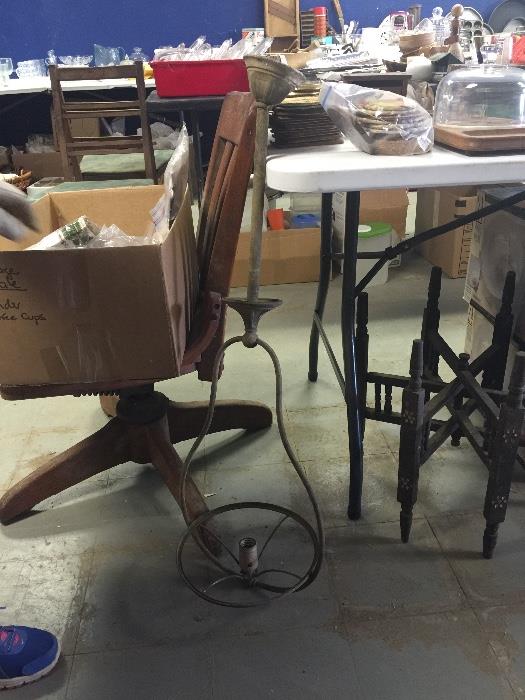 Antique office chair, vintage light fixture, 