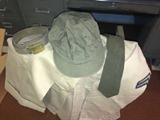WW II 1944 army uniform includes hat, pants, tie, and gas mask bag.  We also have the Vollrath 1945 canteen and the US army pin.
