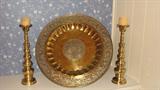 When I first photographed this display, I didn't realize that the large brass platter with cut work is actually a table top that you will see pictured with its Moroccan-style base in later photographs.  The platter is flanked by two large brass candle sticks that are taller than 18 inches and have a graduated round design. You can also purchase the two ivory-colored honeycomb candles to go on top, as pictured here.