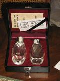 The boxed lead crystal salt and pepper shaker set with sterling tops is a companion to an unpictured boxed sugar shaker that is slightly larger and in the same design.  The provenance of her items was important to Mrs. Stephenson, and so for Corsicana history buffs, you will appreciate the fact that the gift card from The Woolens family is still with the sets.