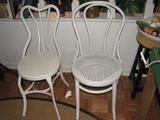 These two chairs fuel my need for the Victorian-era feel of an old ice cream parlor!  The white chair on the left is actually metal, while the white one on the right is actually bent wood with a caned seat.