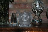 The art glass cone has the controlled bubbles and no mark.  The center "tumbler" has a mark that looks like a crown with perhaps a harp under it.  It has a frosted profile of someone who looks like T.Jefferson.  That's all I can tell you right now.  The piece to the right has mother of pearl on the top and turquoise cabs on the sides.  It appears to be silver but is not marked.