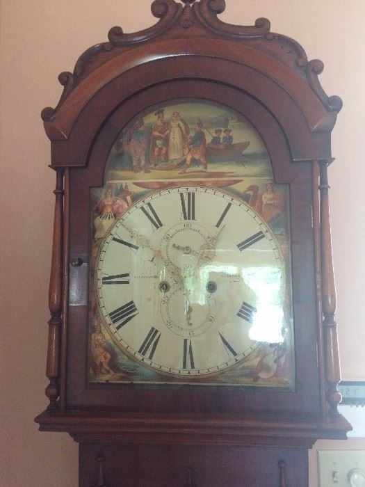 Antique English Tall Case Mahogany Clock, Convex moulded door, painted face of figures, Geo Strowlers Glascow, late 18th Century