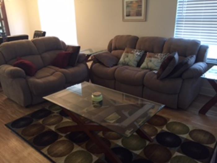 Recliner microsuede sofa & loveseat, modern coffee table &  2 sides matching