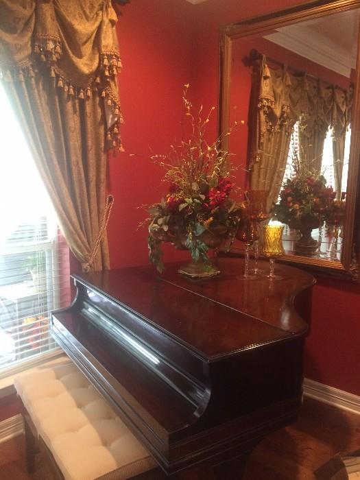 Lyon & Healy baby grand piano; gorgeous framed mirror