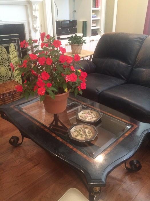 Marble & glass coffee table with iron bass; leather love seat; decorative fire screen