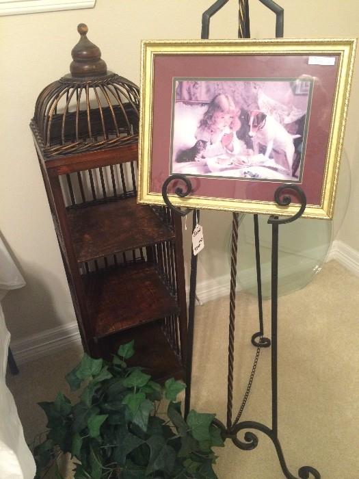 "Bird cage" shelf unit; easel and framed art
