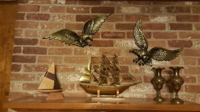 American Eagles, Brass ship, Wooden Sailboat, & Brass Candle Holders 