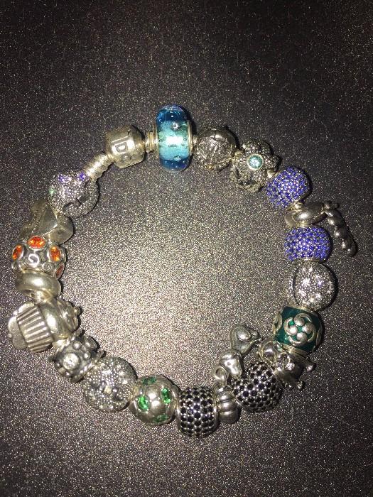 AUTHENTIC PANDORA BRACELET WITH CHARMS, CLIPS AND SPACERS