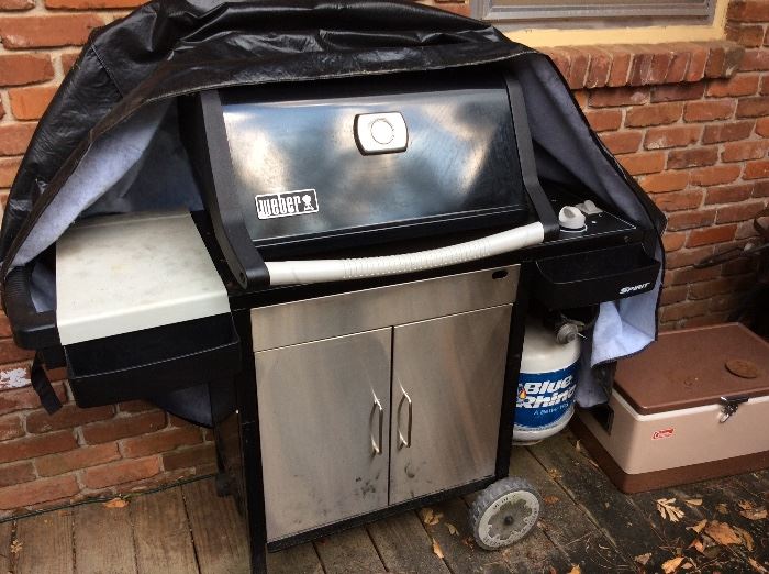 Weber Gas Grill - actually there are several - covers and propane tanks