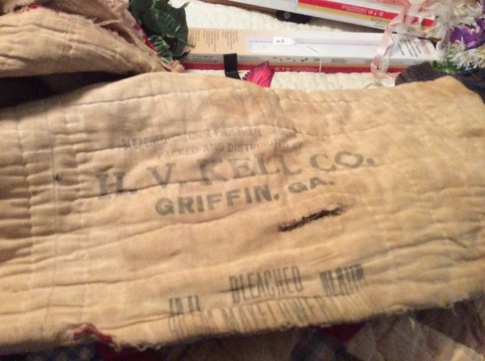 Back of Quilt - made from Flour Sacks from H. V. Kell co in Griffin, GA - really cool.  Quilt in bad shape, but its a great piece