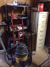 Filing cabinet, WET DRY vac, wooden trash can, tools and tool sets of all kinds