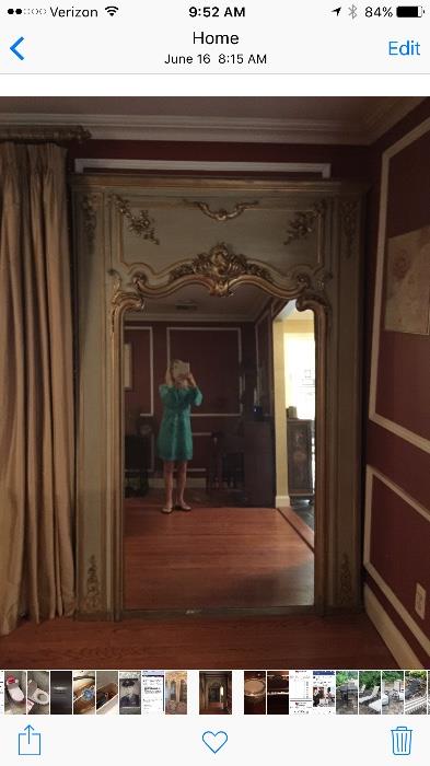 1900's Trumeau Mirror 
Hand carved green with gold accents 
Mirror Dimensions: 38"W x 64"H 
Total Dimensions: 56"W x 96"H
Asking price: $2,500.00
