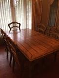 Hand Painted Oak Dining Room Table & Chairs (5 Side Chairs & 3 Host/Hostess Chairs. 
Table has 1 drawer at each end. 
Dimensions of Table:
72"L x 42"W x 30"H
Asking price:$1,500 for table & chairs 