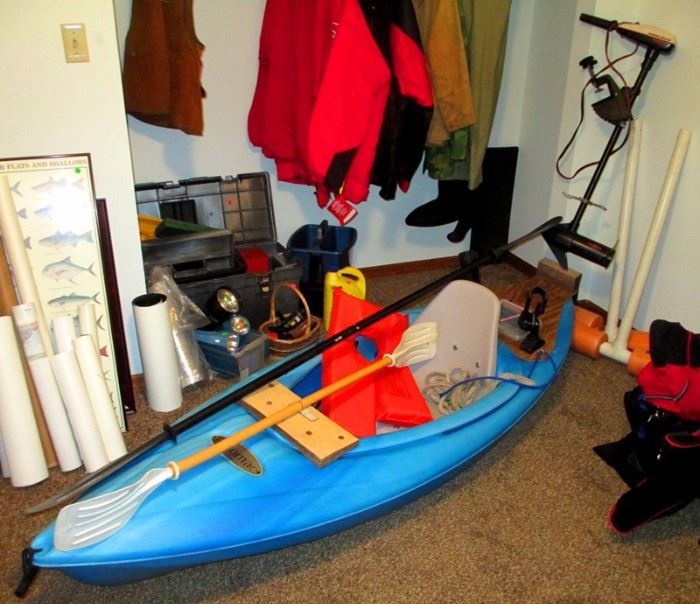 Potomac Kayak. 8 ft long with two paddles and life vest. Also, comes with a 5 HP trolling motor and has a heavy duty motor mount bolted to stern. Also has two outriggers which fasten to holders on the back deck to provide stability when the motor is deployed. Cool Beans!