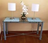 Green metal and glass top sofa table, small metal table lamps