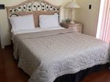 Queen Wicker and green metal bedroom set. Matching nightstand. Ceramic lamp