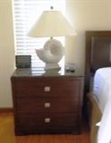 3 drawer chest marble top nightstand part of King bedroom set (2). Ceramic nautilus shell white table lamp