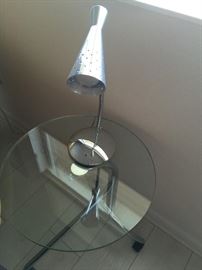 Copenhagen contemporary glass table with wheels and lamp