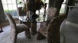 modern animal print dining table, glass top, table and chairs