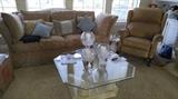 glass top coffee table, henredon sofa and chairs