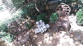 outdoor decor, iron patio chairs, outdoor statue