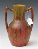 Les Yvelines Art Pottery Vase
Green glaze over red, the underside inscribed "17A / Les Yvelines" 12 1/4" high, 8 1/2" width across handles, 7 1/2" diameter.  Bid at www.fairfieldauction.com today through Wed. July 20th