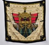 Group of Five Hermes Scarves
"Arms of the United States", "Les Ponts de Paris", "Bicycles", "Vue du Carosse de La Galerie La Reale" and "Cochers des Ecuries Imperiales". Each about 34" x 34".  Bid at www.fairfieldauction.com today through Wed. July 20th