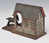 Stevens Cast Iron Mechanical Bank
"Mule Going Into Barn", patented 1880 5 1/4" high, 8 1/2" wide, 3 1/4" deep.  Bid at www.fairfieldauction.com today through Wed. July 20th