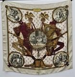 Group of 5 Hermes Scarves
Comprising: "Le Bois de Boulogne", "9 Horses", "Napoleon", "Costumes des Departemens de la Seine Inferieure...", and "Les Armes de Paris". Four 34" x 34", one 32" x 32".  Bid at www.fairfieldauction.com today through Wed. July 20th